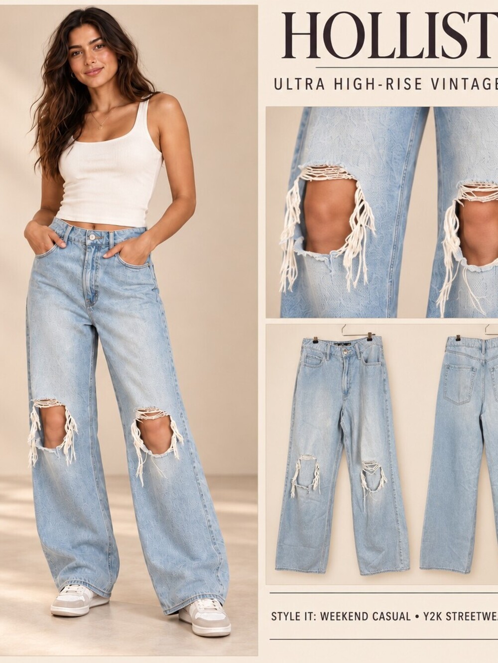 Hollister Ultra High-Rise Vintage Baggy Jeans W29 9R Distressed Light Wash